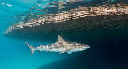 Fototapeta premium Shark swims beneath a boat in clear blue ocean water
