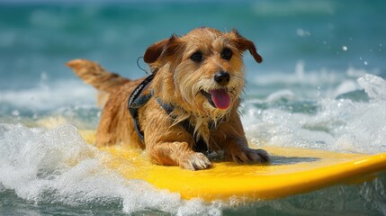 A joyful dog balances on a yellow surfboard while riding the waves in clear blue water. The sun shines brightly making the beach a perfect spot for fun and adventure.