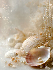 Obraz premium Elegant seashell still life with soft beige tones, natural pearl, delicate dried florals and dreamy coastal atmosphere creating a serene romantic aesthetic for design and decor projects