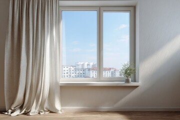 Fototapeta premium Bright daylight streams through a window with curtains and a potted plant.