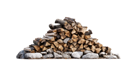 A stacked pile of neatly chopped firewood beside a stone fireplace in a village setting, ready for winter, isolated on a Transparent background