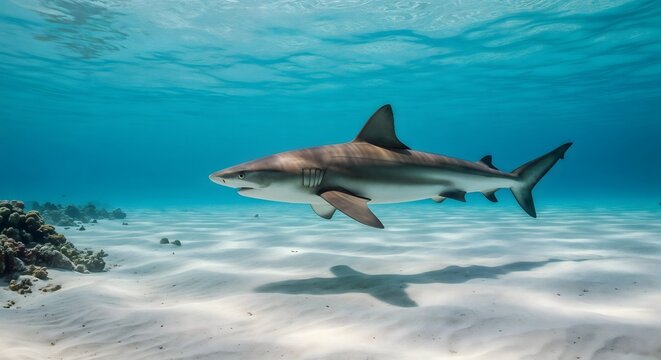 Shark swimming in clear turquoise ocean water over sandy seabed