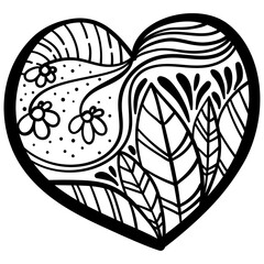Outline heart with fantasy patterns, coloring page with delicate flowers and a bunch of leaves