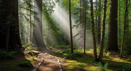 Sunlight streams through tall trees onto a winding path in a lush, green forest, creating a mystical and serene natural landscape.