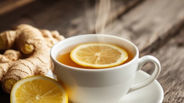 Herbal ginger tea with lemon slice in white cup. Immune boosting beverage for health and wellness. Natural cold, illness remedy. Healthy drink.