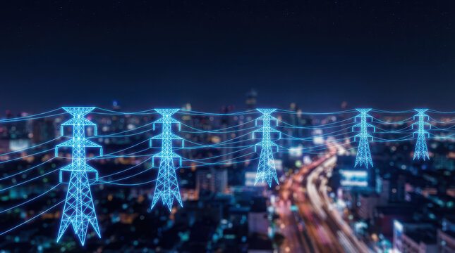 Digital representation of power lines illuminated in blue neon against city skyline at night, showcasing futuristic and technological theme. scene conveys energy and innovation