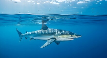 Naklejka premium Sleek mako shark swims gracefully through clear blue ocean water