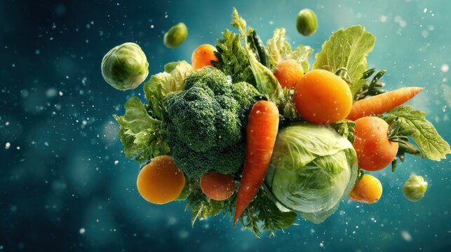 Bright green broccoli orange carrots and crisp lettuce float against a colorful backdrop.