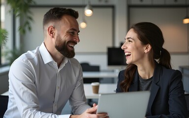 Two young professionals laughing during a casual conversation in the office. High quality