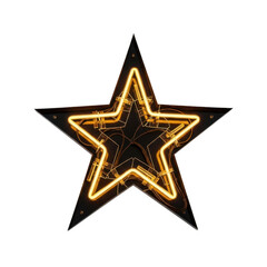 Obraz premium Glowing neon star sign illustration, yellow light star shape, nightclub decoration, party decor, festive isolated on transparent background