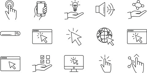 Digital interaction icons set, user interface symbols, cursor click, web access, mobile device, science, technology, search, innovation, connectivity, cad drawing flat vector illustration