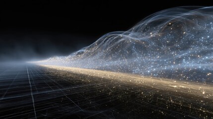 Abstract Digital Data Wave with Light Particles and Grid in Night Sky