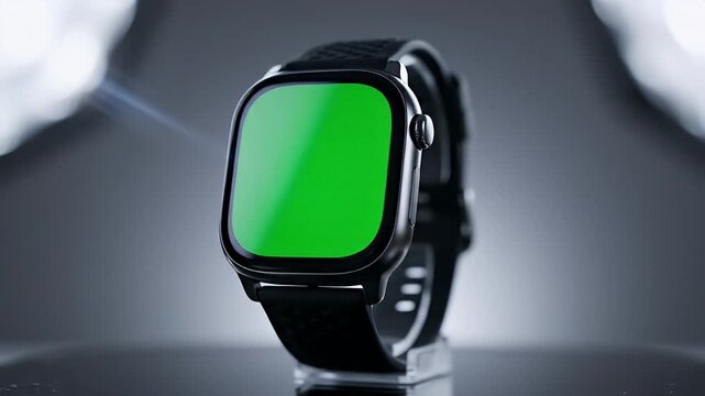 Modern Smartwatch with Green Screen Display on a Reflective Surface.