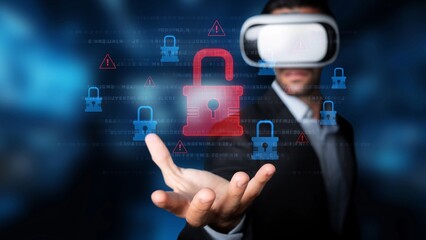 A man interacts with virtual reality technology, displaying floating digital locks that symbolize advanced cybersecurity measures and innovations in data protection. Raster