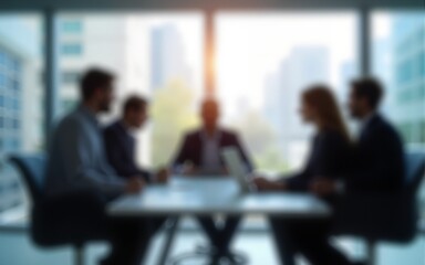 Blurred business people meeting in modern office building conference room, Generative AI. High quality