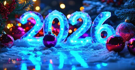 Bright glowing numbers spell 2026. Festive ornaments, snow, bokeh lights create joyful holiday scene.