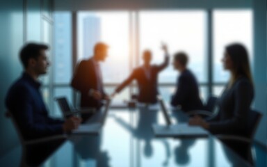 Blurred business people meeting in modern office building conference room, Generative AI. High quality