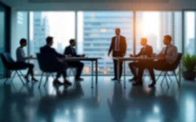 Blurred business people meeting in modern office building conference room, Generative AI. High quality