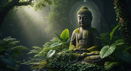 Moss covered Buddha statue meditating in a serene lush green jungle