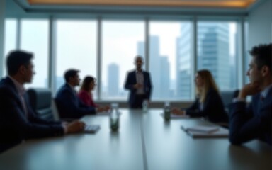 Blurred business people meeting in modern office building conference room, Generative AI. High quality
