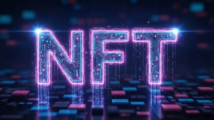 NFT non-fungible token concept represented by glowing circuit board letters. Digital art and blockchain technology for investment.