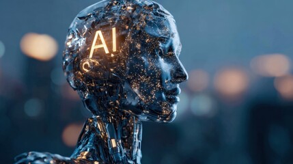 A sleek robotic figure stands against a city skyline showcasing advanced technology. The face glows with the letters AI highlighting the fusion of innovation and urban life at nighttime.