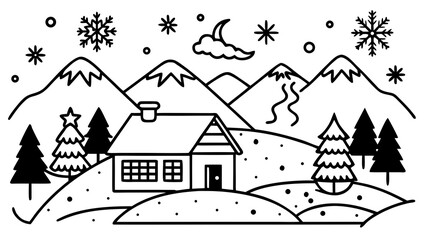 Winter landscape with a cozy house in line art