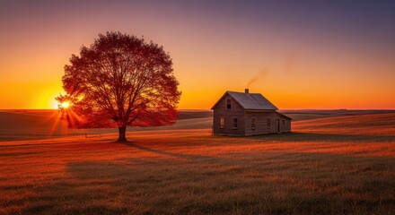Golden hour sunset over rustic farmhouse and fields