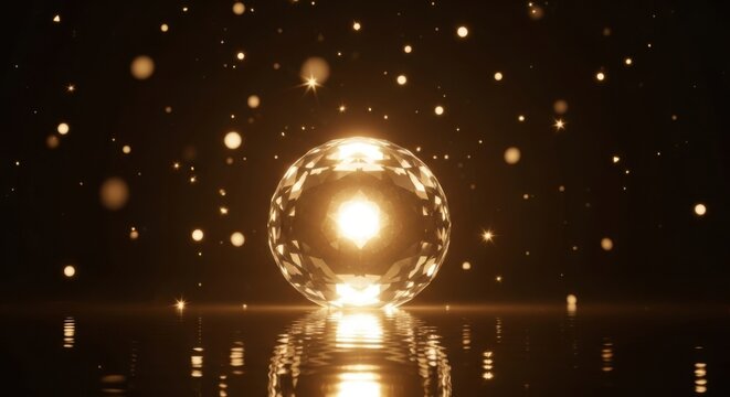 Golden faceted sphere on shimmering water with glowing particles