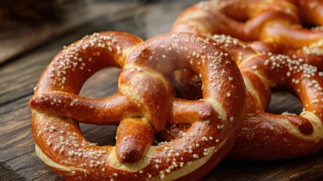 Two traditional freshly baked pretzels with coarse salt on a rustic wooden board. German snack for Oktoberfest celebration. October fest in Germany food. Baked pastry shaped into knot.