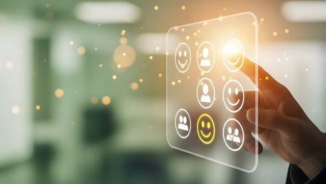 Person interacting with a transparent digital interface with glowing icons and data