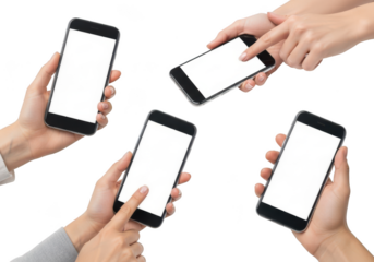 Multiple hands holding blank screen smartphones mockups for app ui ux design presentation and promotion isolated on transparent background