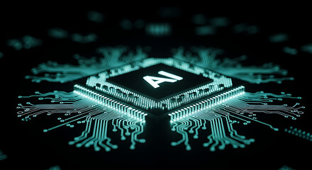 Glowing ai chip on a black background with intricate circuit patterns and a futuristic design element ai generated