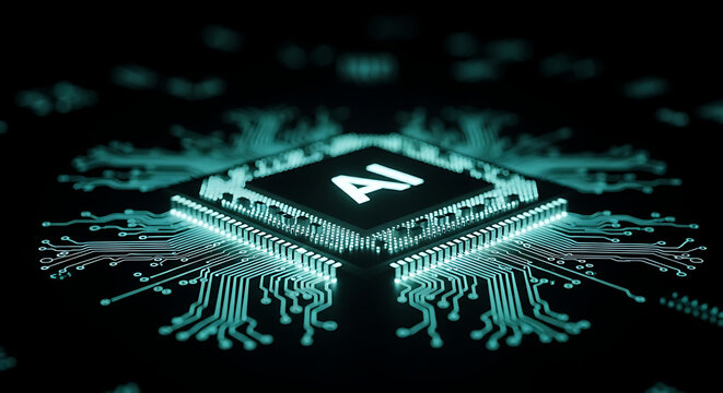 Glowing ai chip on a black background with intricate circuit patterns and a futuristic design element ai generated
