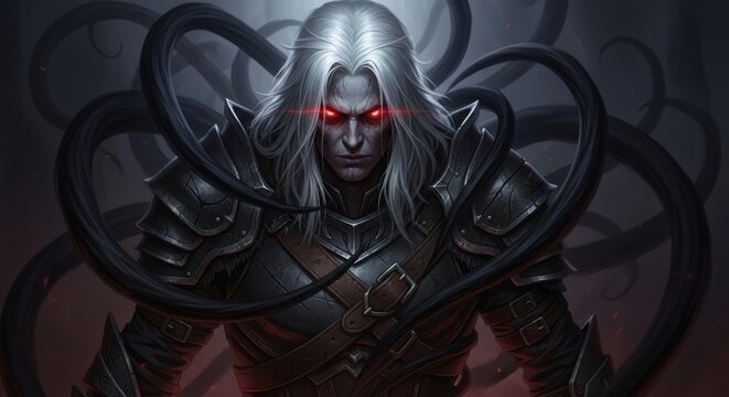 Dark Fantasy Warrior with White Hair and Glowing Red Eyes