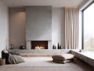 Fototapeta premium A living room with a fireplace and a window. A rug is on the floor. A book is on a table