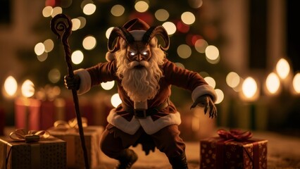 Krampus disguised as Santa Claus with glowing eyes and horns, holding a staff, standing among Christmas gifts. Dark holiday folklore.