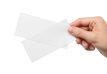 Hand holding blank white business cards mockup, paper stationery, invitation card design, advertisement template isolated on transparent background