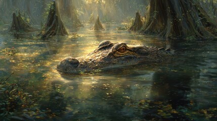 Majestic Crocodile in Murky Wetlands Surrounded by Sunlight and Vegetation