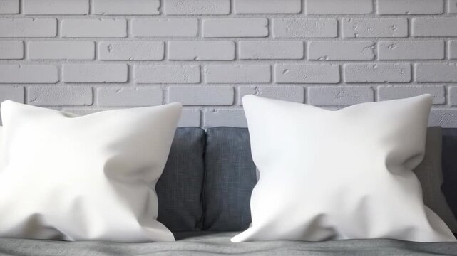 Comfortable interior sofa cushions in soft natural light against textured brick wall