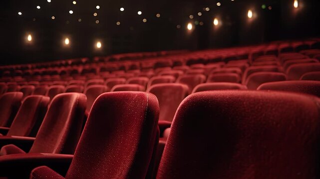 Empty red velvet seats in a dimly lit cinematic theater auditorium