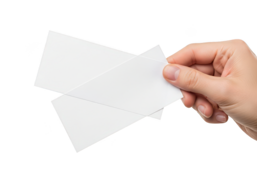 Hand holding blank white business cards mockup, paper stationery, invitation card design, advertisement template isolated on transparent background - Powered by Adobe