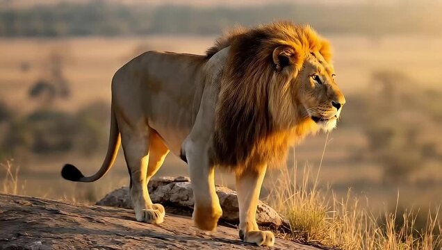 Majestic Male Lion Prowling Safari Savannah at Golden Hour Video