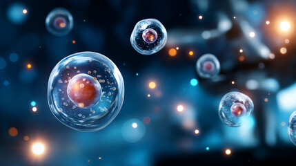 Microscopic stem cell, science biology research, cellular visualization concept, medical innovation display, regenerative medicine focus, laboratory study imagery, defocused micros