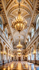Fototapeta premium Luxurious grand hall with high ceiling adorned with intricate moldings and ornate chandeliers