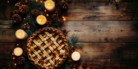 A Festive Apple Pie adorned with Candles and Pine Cones beautifully placed on a Wooden Table