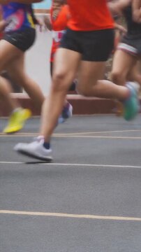 Group of people running on race track, competitive sports event, health and fitness concept, running competition, athletics championship illustration.