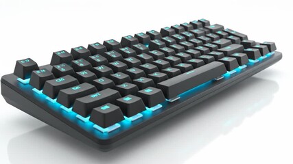 Close up of a compact mechanical gaming keyboard with bright blue led backlighting isolated on white background - Powered by Adobe