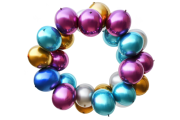 Colorful metallic balloons wreath decoration party celebration birthday anniversary shiny balloons isolated on transparent background