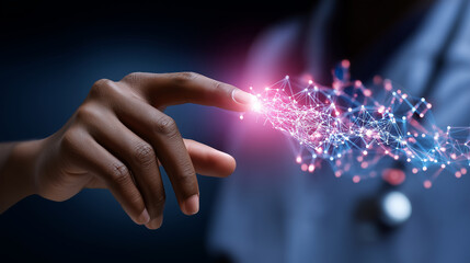 Hand reaching digital, realm connection visual, technology healthcare interface, futuristic medical interaction, virtual reality concept, digital health platform, abstract visualiz